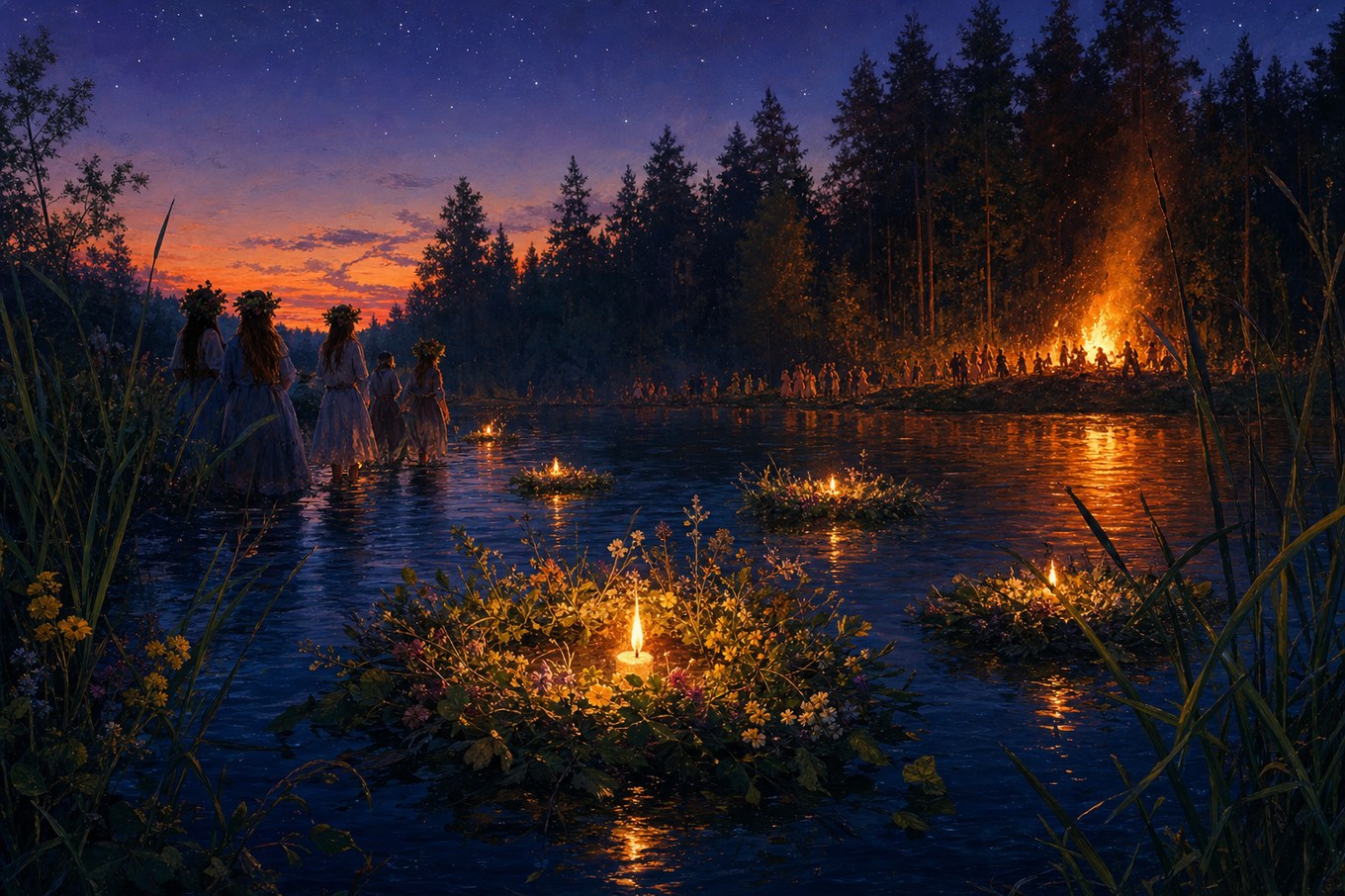 Wianki ze świeczkami płynące po zalewie o zmierzchu, ognisko na brzegu — ilustracja redakcyjna