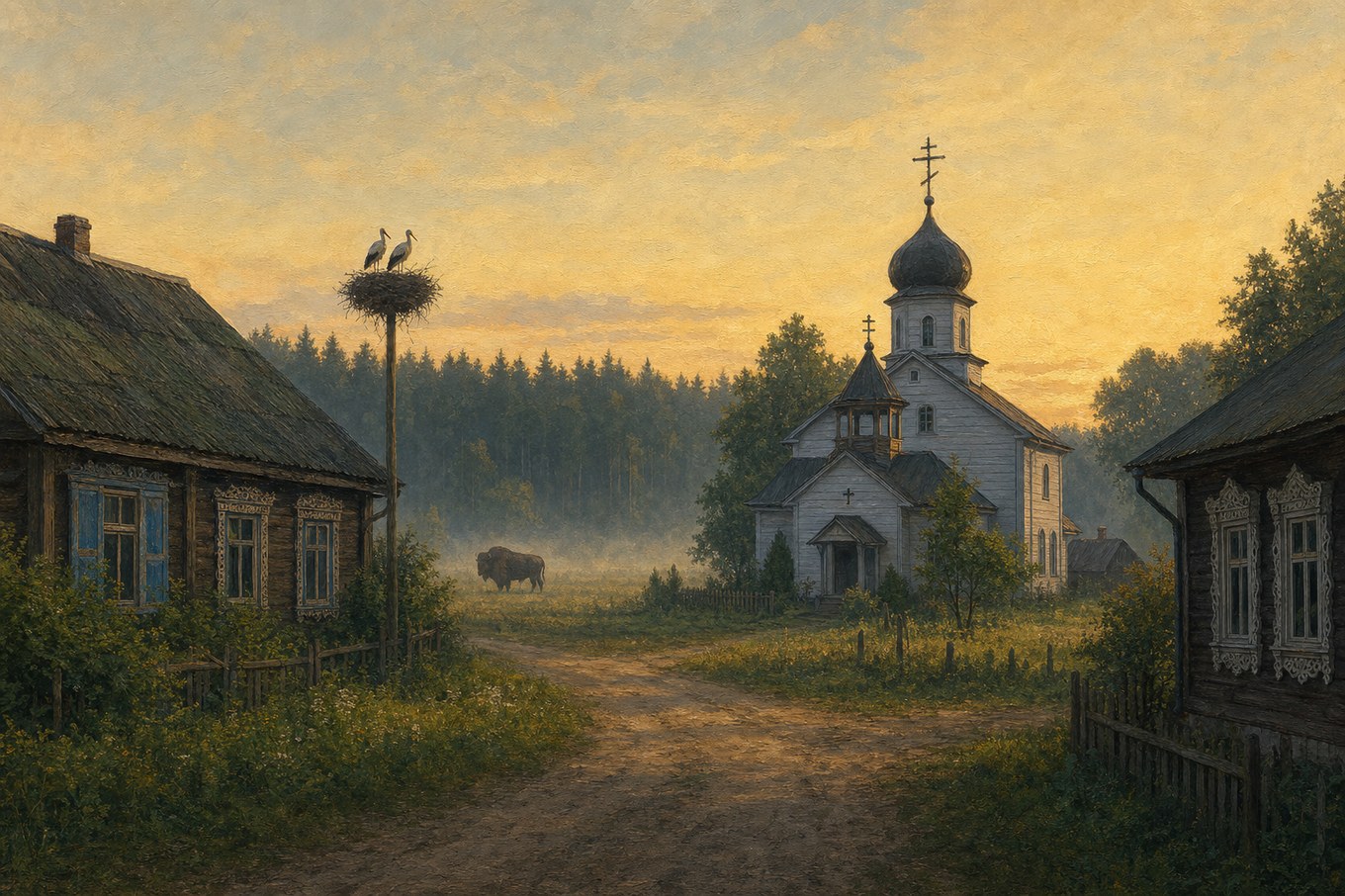 Mała prawosławna wieś na skraju Puszczy Białowieskiej o świcie, z cerkwią o cebulastej kopule i żubrem na skraju lasu — ilustracja redakcyjna