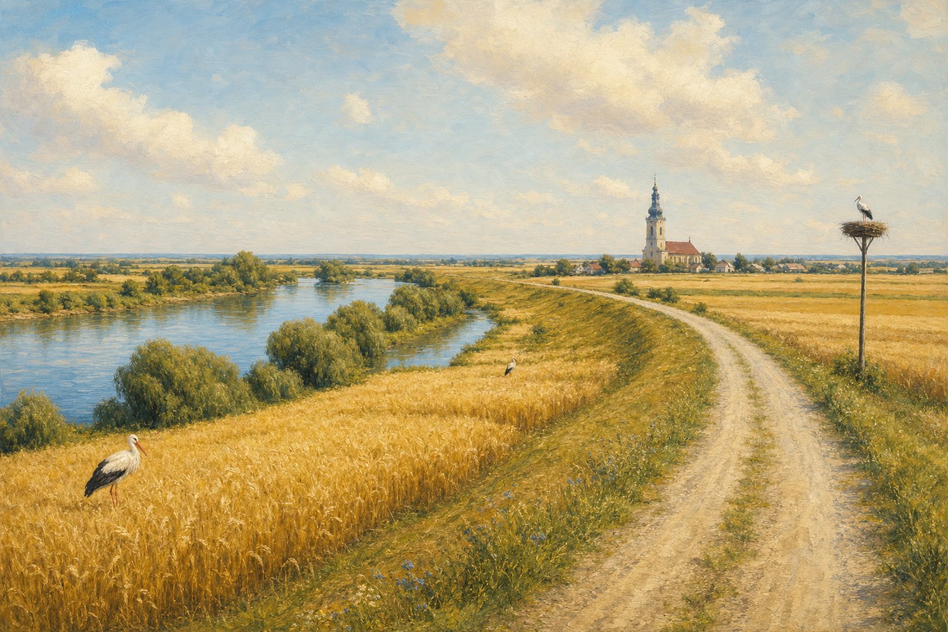 Płaska wieś w widłach Wisły i Dunajca latem — złote pola zboża, bociany, wieża kościoła i wał nad rzeką — ilustracja redakcyjna