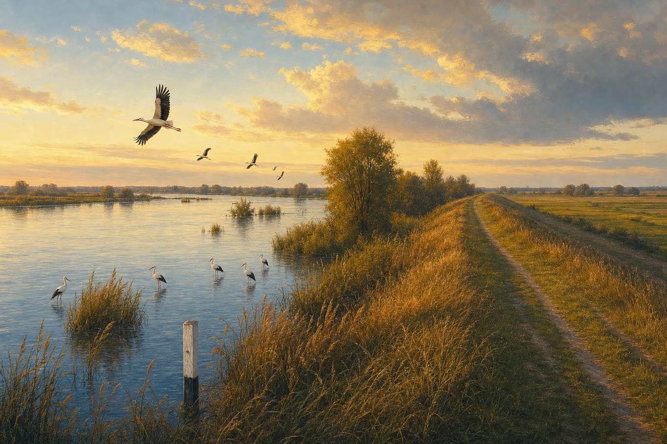 Wał przeciwpowodziowy nad Wisłą o złotej godzinie, wierzby, bociany — ilustracja redakcyjna